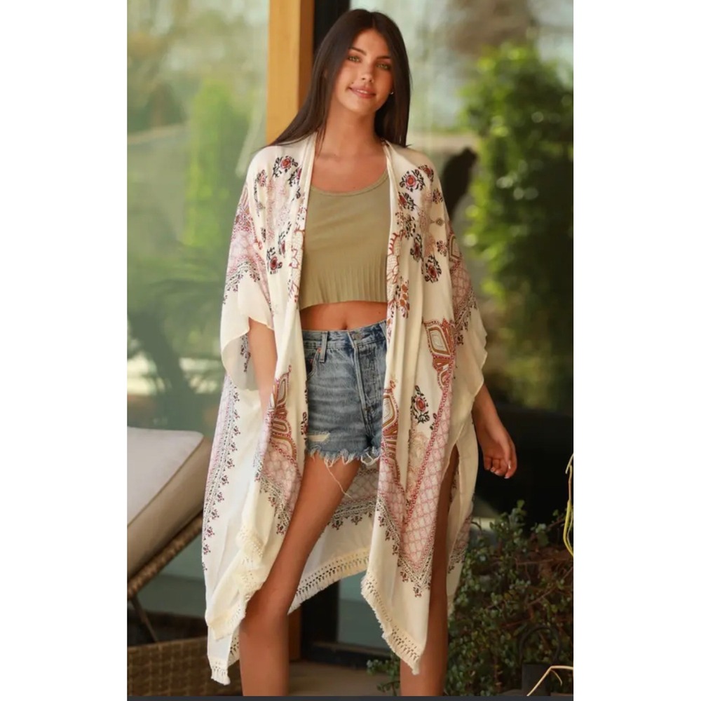 Lovestitch Boho Paisley Fringe Kimono Cardigan Wrap Cream Rust One Size